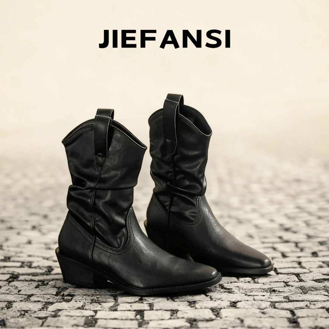 复古褶皱真皮堆堆靴尖头法式西部牛仔小短靴显瘦骑士靴时尚秋冬靴