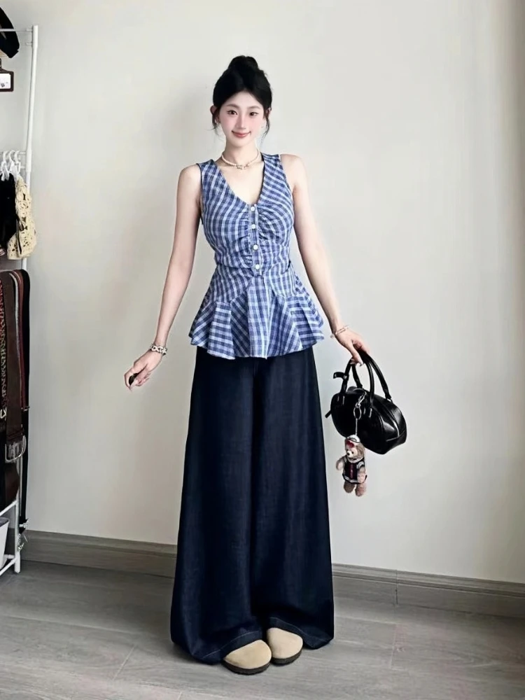 新款无袖格子挂脖V领修身衬衫收腰上衣女韩系通勤宽松牛仔裤时尚