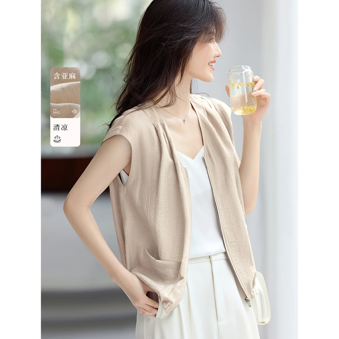 XWI/欣未含亚麻透气背心马甲外套2025夏女款松弛感马甲外套01023