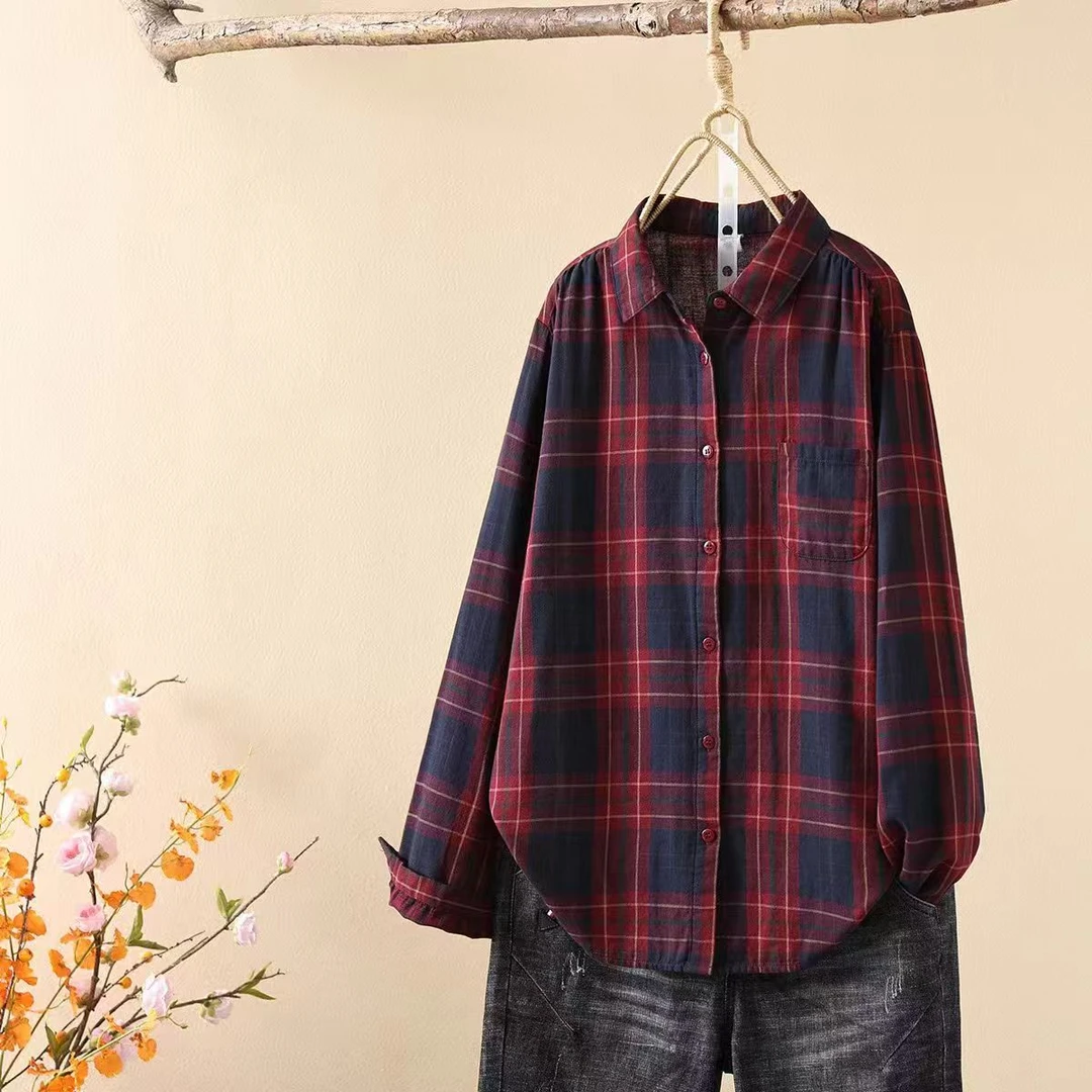 Huangxiaoqi Cowboy双层纱格纹衬衫女叠穿纯棉柔软内搭舒适85136