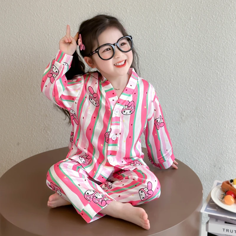 儿童冰丝睡衣夏季薄款女童长袖开衫空调服女孩宝宝卡通家居服套装