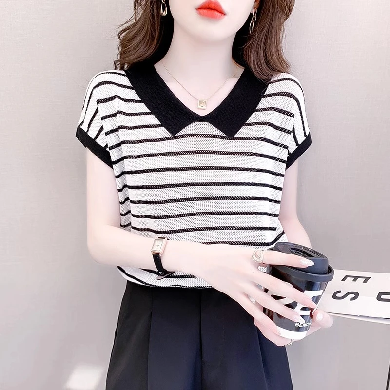 条纹冰丝短袖T恤女士2025夏季新款时尚百搭高端设计感针织衫上衣