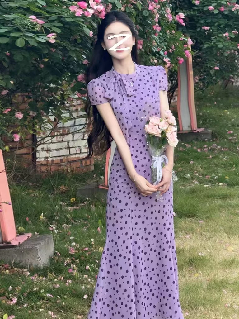 621-3#法式气质优雅紫色波点连衣裙女夏季新款高级感收腰显瘦长裙