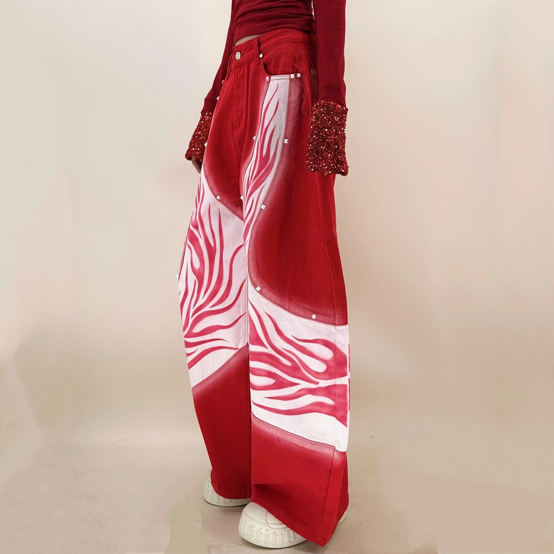 加绒抓毛2025冬季新款原创设计新年红色手绘弯刀牛仔裤女个性裤子