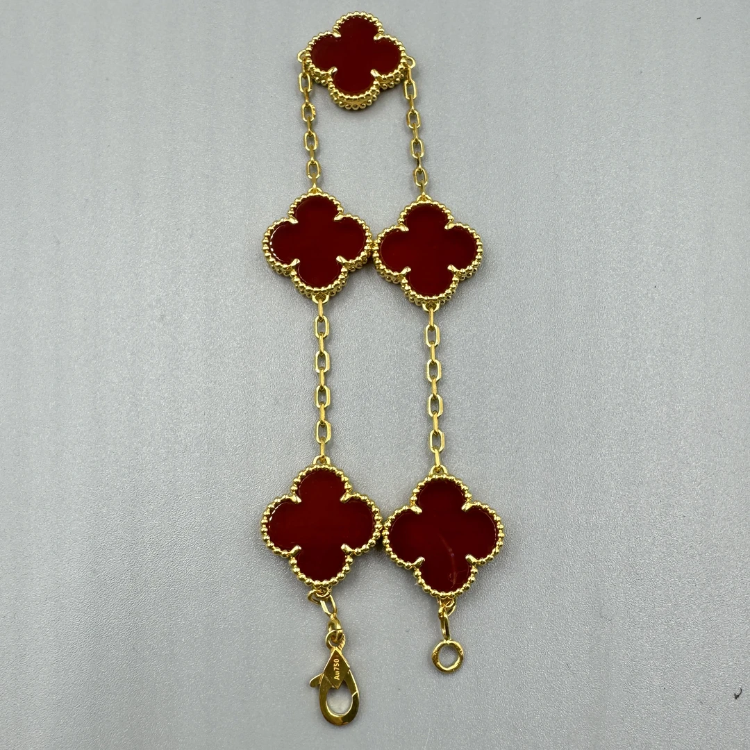 重金版五花18K金红玛瑙四叶草手链15mm