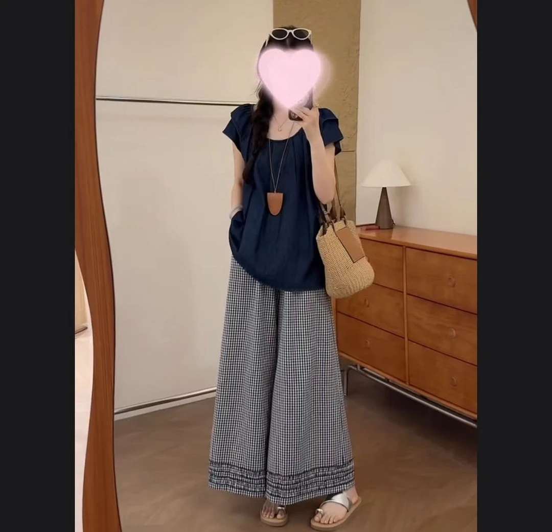 胖MM夏季一整套穿搭韩系小飞袖上衣格纹阔腿裤慵懒风套装