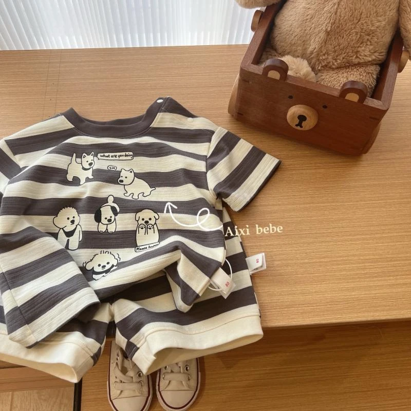 2025儿童夏季新款婴幼童男宝宝条纹卡通印花短袖短裤套装可爱洋气