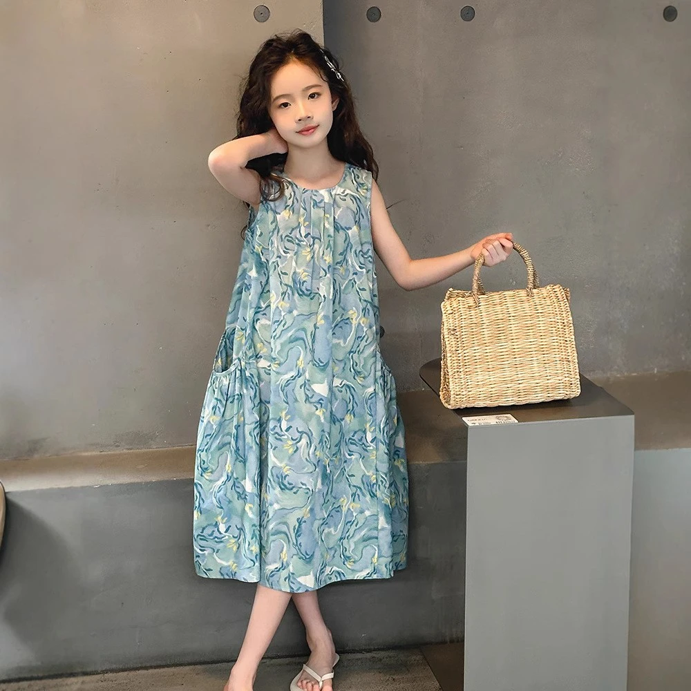 夏装2025新款女童超好看夏季纯棉无袖连衣裙中大儿童公主风裙子