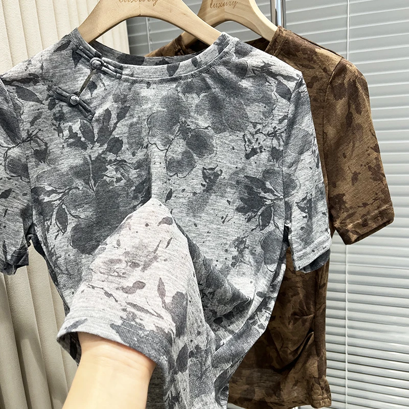 国风盘扣印花短袖T恤上衣F040