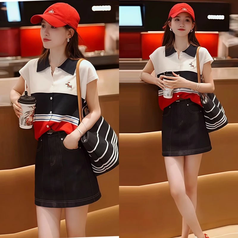 设计感宽松休闲polo领撞色条纹针织衫女夏季减龄拼色显瘦时尚上衣