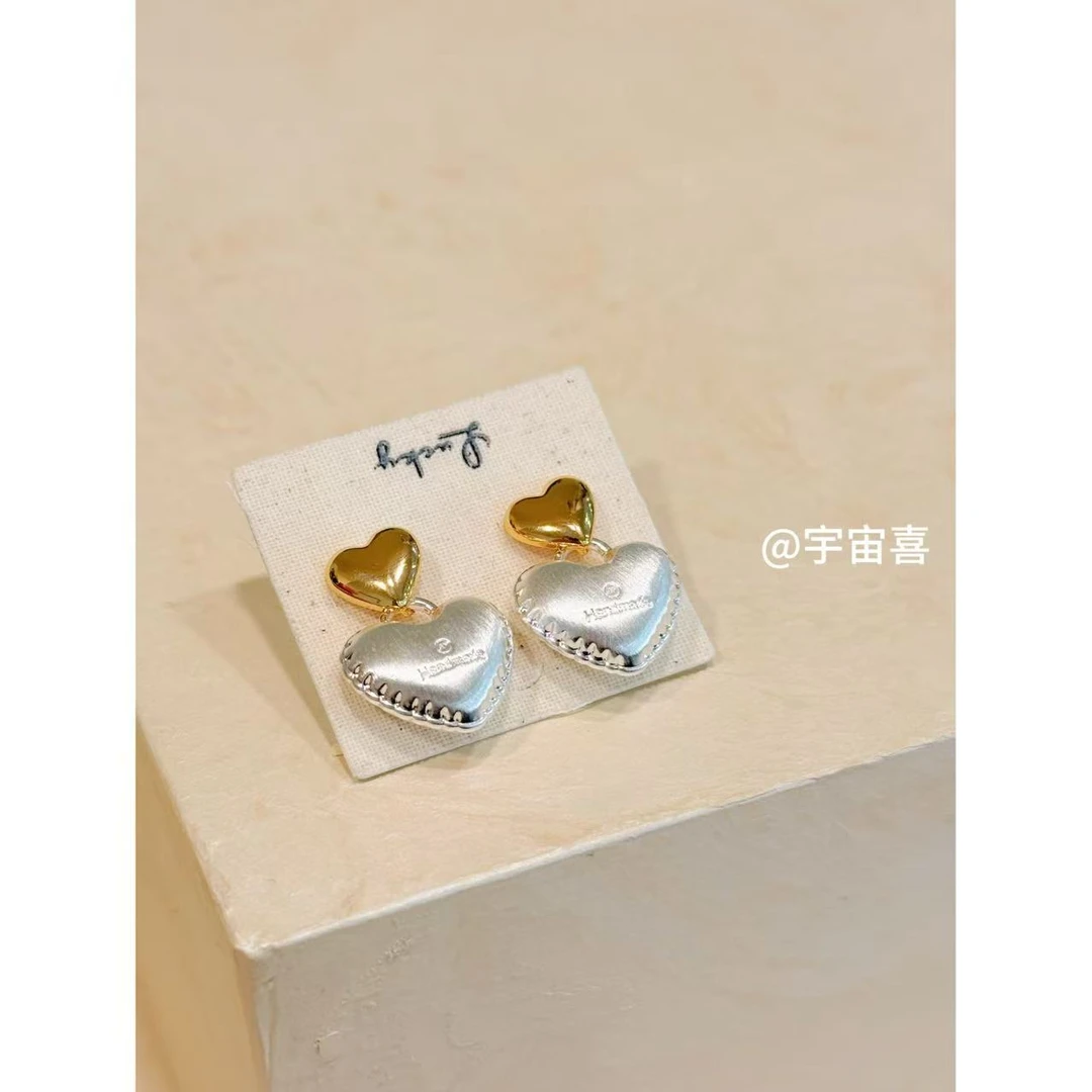 铜合金耳饰 I3-115【金银爱心拉丝耳钉耳坠】