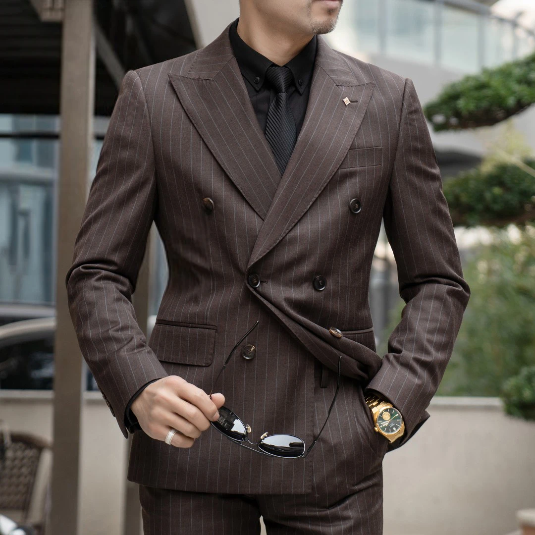劲郎AXZ0698正装上新条纹双排扣西服套装商务休闲时尚修身西服