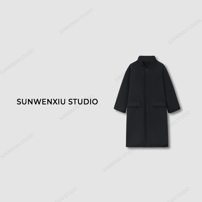 swx studio5店 “大黑棉被”早八人冬季保暖经典黑色过膝长款棉服1