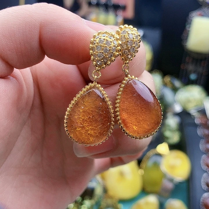 琥珀裸石银S925镶嵌耳坠