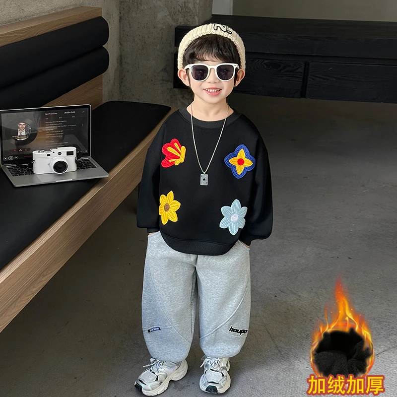 男童秋冬款加绒卫衣套装时尚洋气中小童冬季宝宝长袖休闲两件套潮