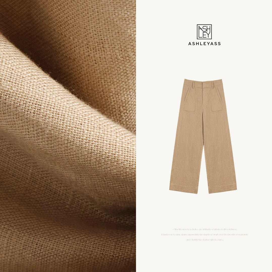 ashleyass口袋设计师精致卡其色亚麻直筒阔腿休闲裤LSK250802J