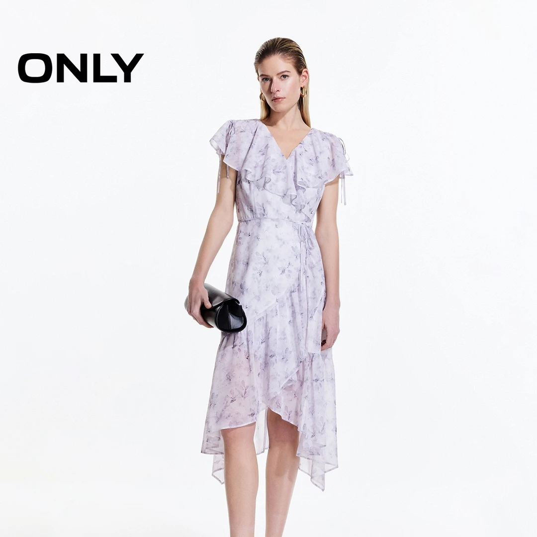 ONLY荷叶边V领连衣裙"春夏新款"气质法式印花中长款女|125107043
