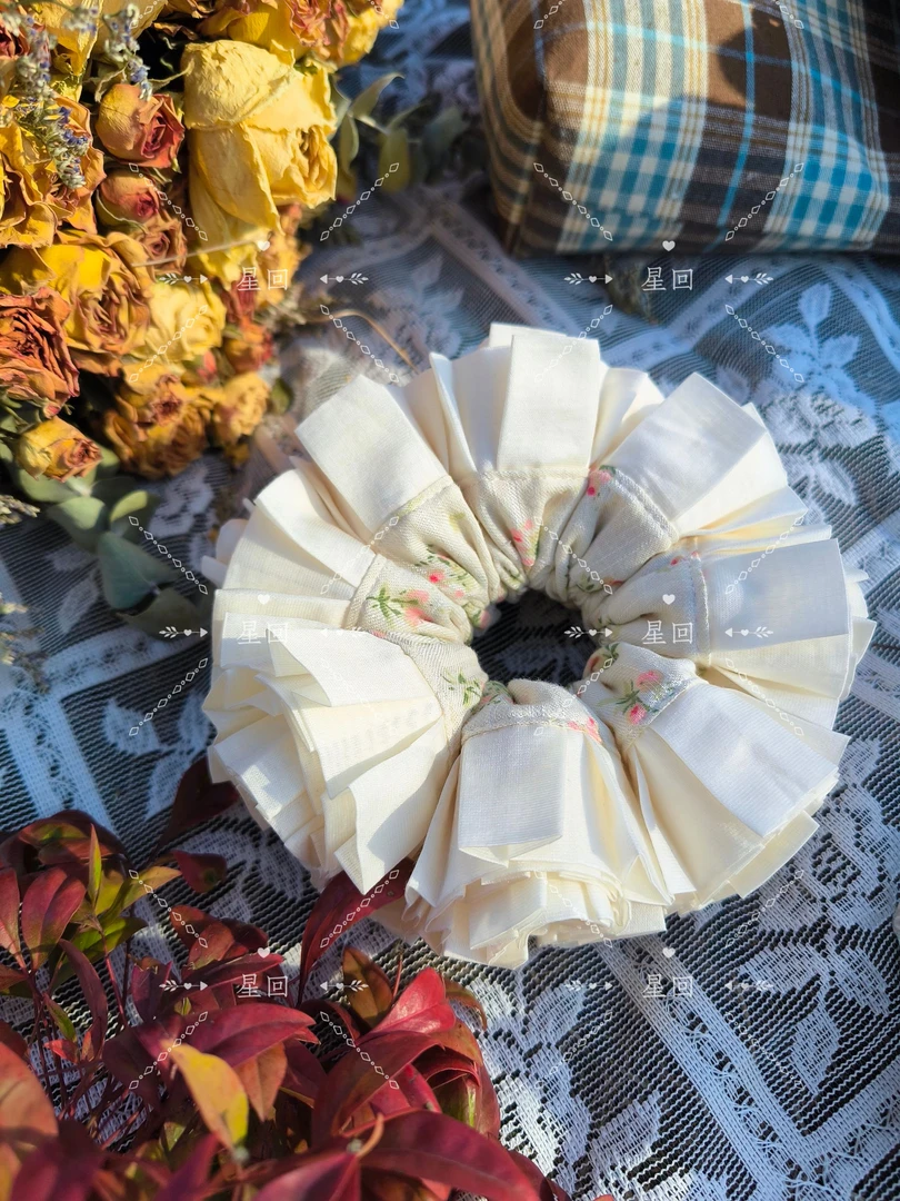 【星回手作】仿真丝奶杏色花边四层蓬松大肠发圈