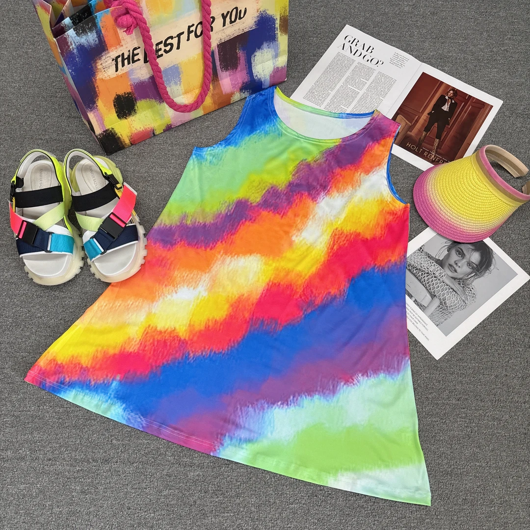 W081外单定制款弹力牛奶丝涂鸦渐变色砍袖背心裙