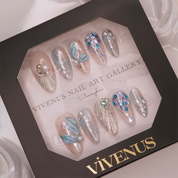 【海的恋歌】原创设计 海洋 冰透 蓝色 夏日 美人鱼 轻奢穿戴美甲