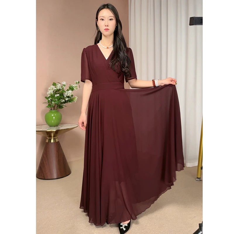 2025新款安哥拉红大摆裙夏季简洁短袖高档收腰显瘦气质长裙