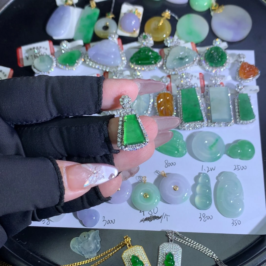 翡翠裸石银S925镶嵌冰绿无事牌