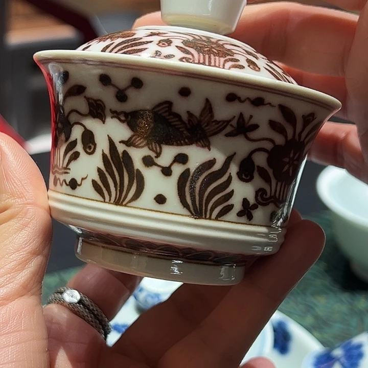 原矿釉里红仿明鱼藻盖碗