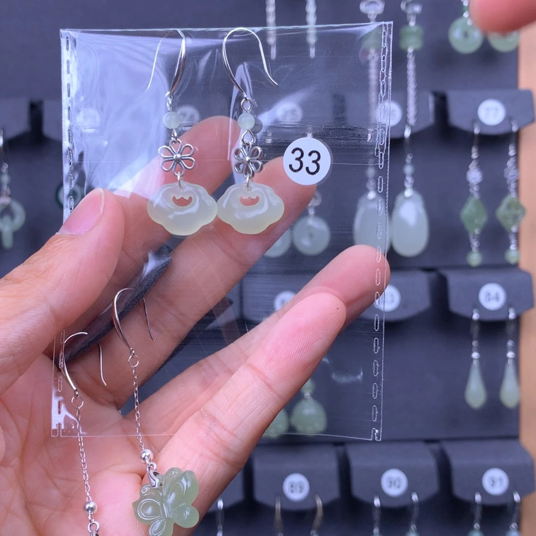 和田玉耳饰银S925镶嵌