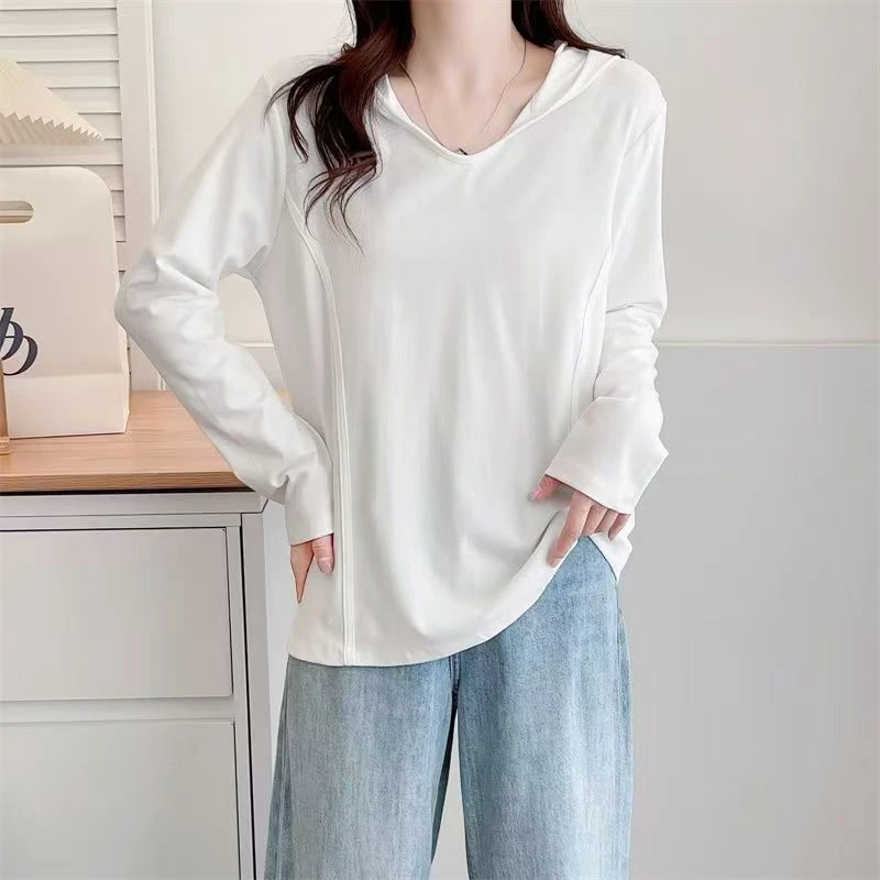 大码女装—10097连帽正肩鱼骨线显瘦卫衣秋季时尚小众百搭洋气上衣
