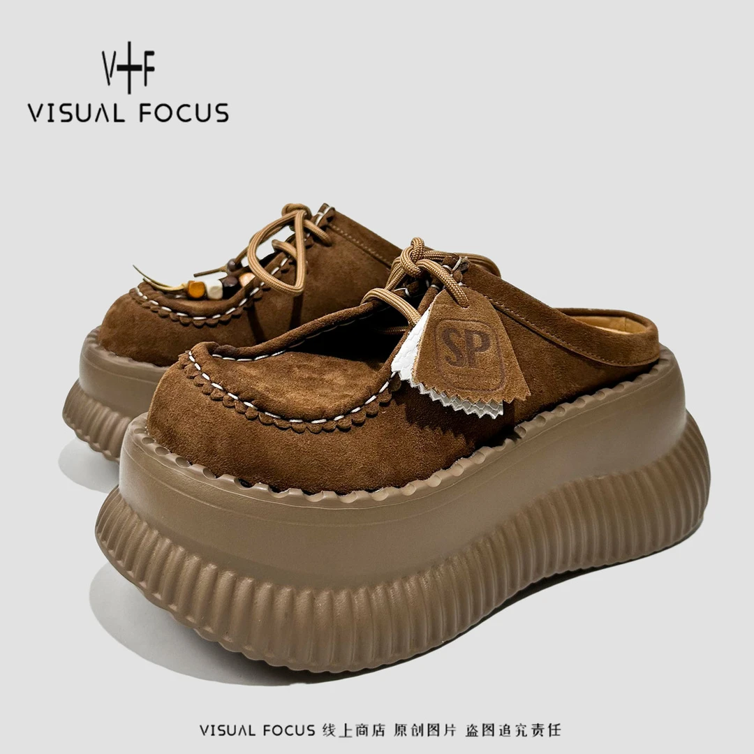 Visual focus 棕色复古包头半拖鞋女外穿矮子乐厚底松糕勃肯鞋子