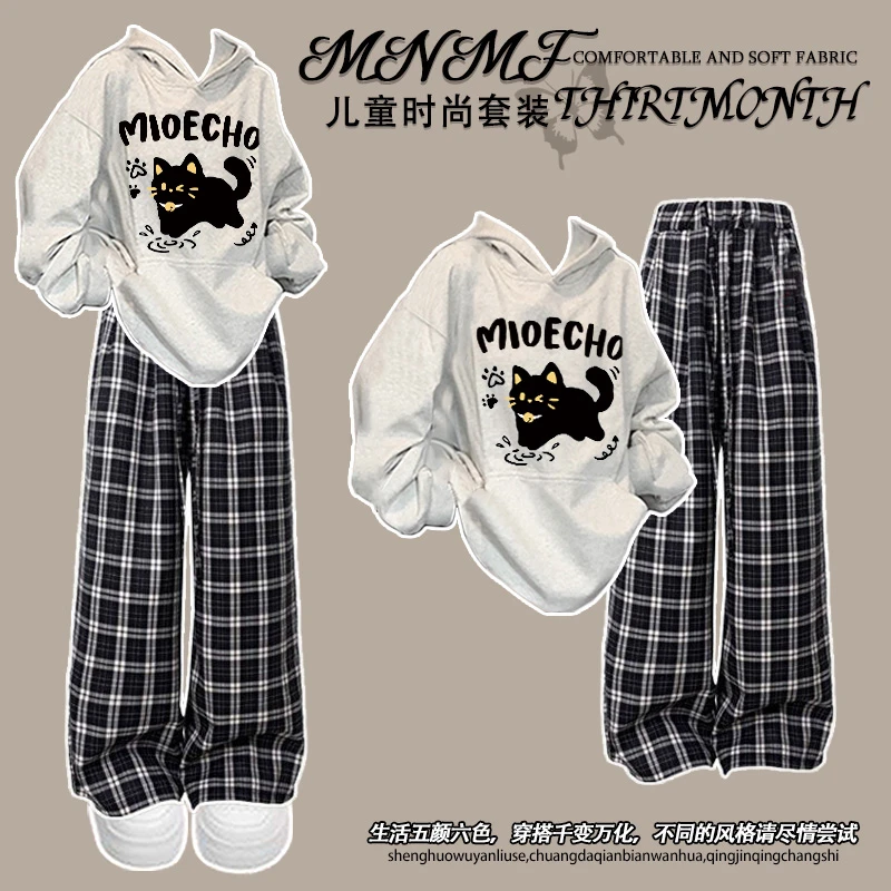 男女童秋季新款韩系卡通黑猫连帽卫衣套装百搭中大童宽松两件套