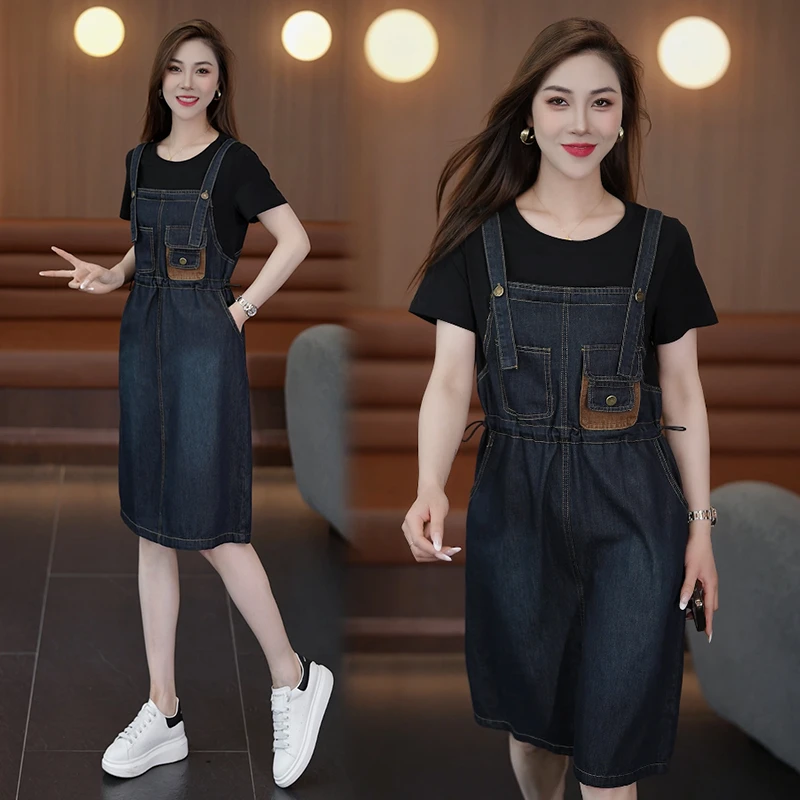 时尚连衣裙夏季宽松洋气拼接圆领减龄小个子牛仔假两件背带裙