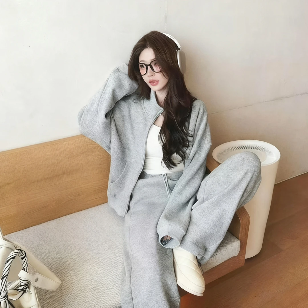 小众炸街高级感女装休闲运动灰色卫衣套装秋冬新款韩系穿搭一整套