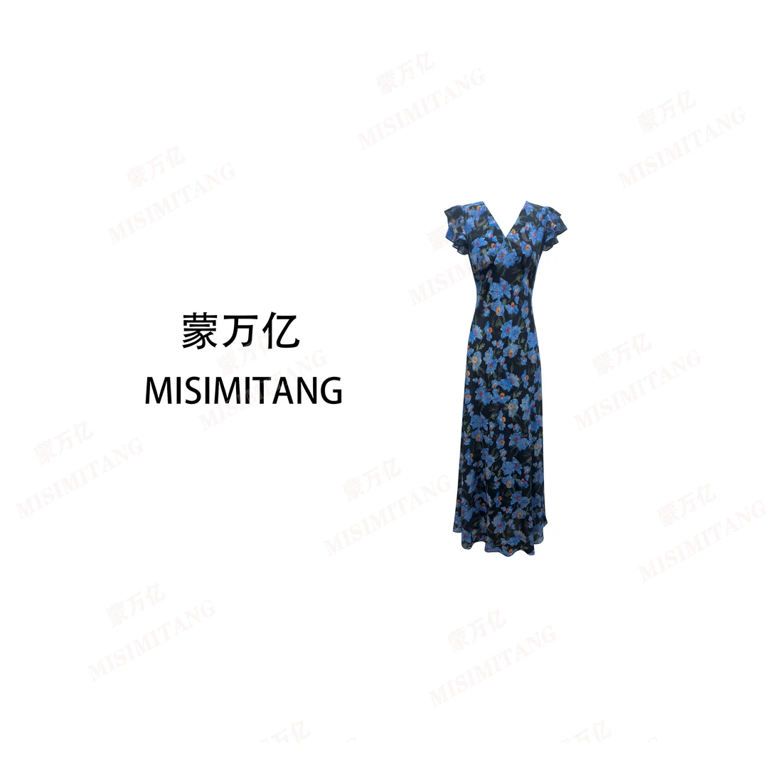 【蓝雏菊短袖】夏款斜裁显瘦短袖女装连衣裙欧若风收腰时尚轻奢气质