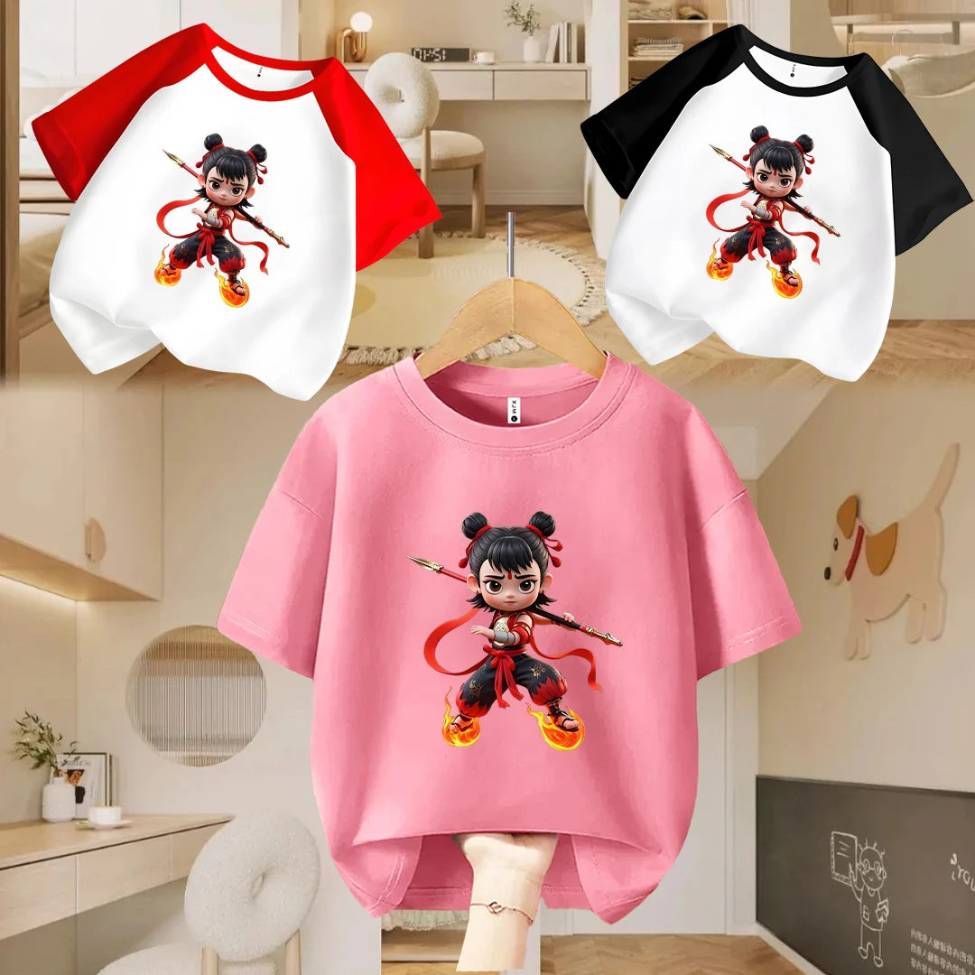 风火轮战斗哪吒 趣味文字喜居麦亲子儿童圆领百搭纯棉短袖T恤夏季