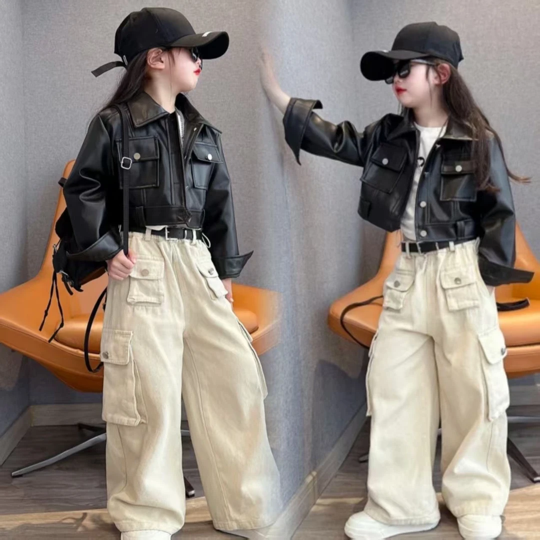 女童潮酷短款皮衣洋气外套宽松设计春秋工装裤阔腿两件套儿童春装