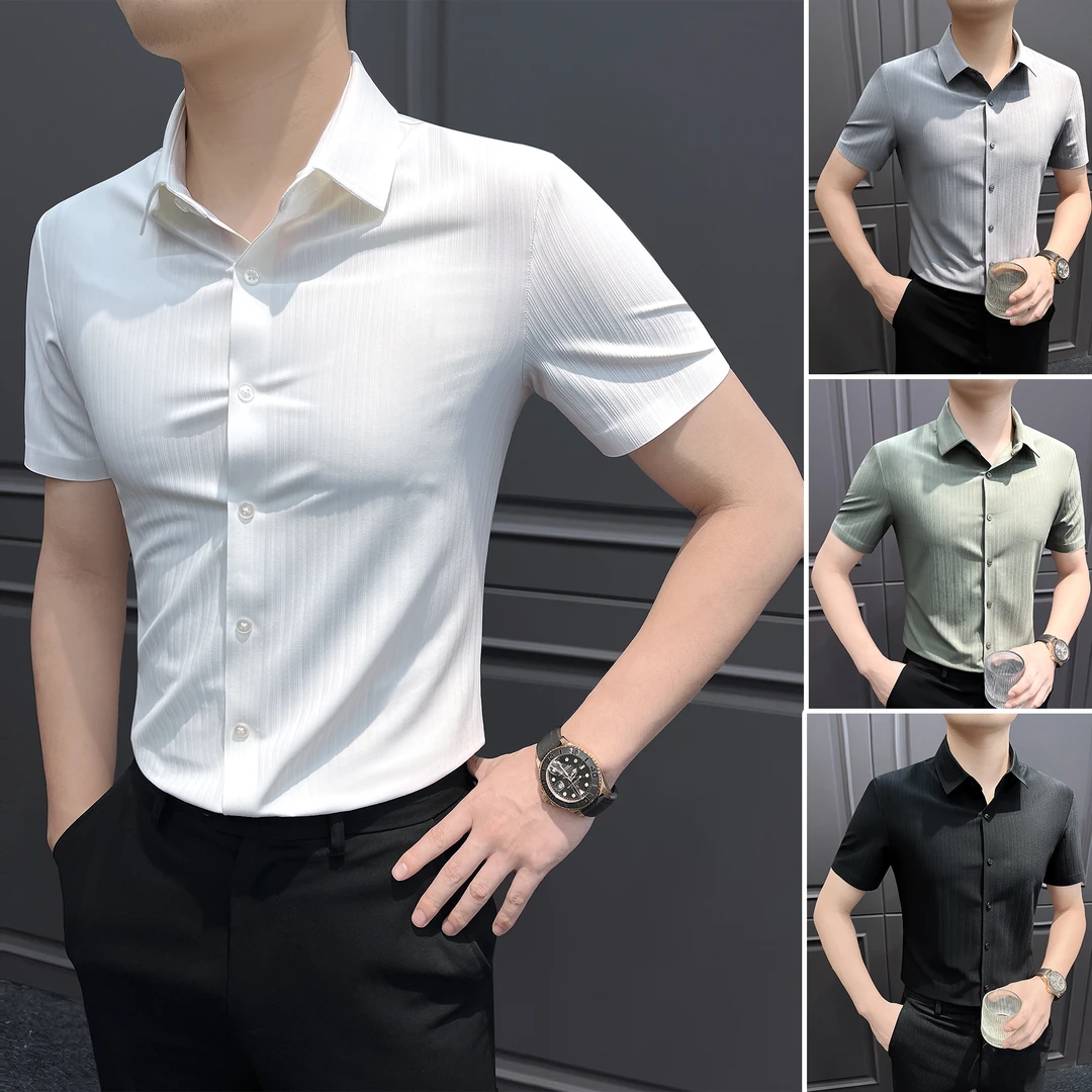 条纹短袖衬衫男款夏季薄款冰丝垂感男装轻奢商务正装男士半袖衬衣