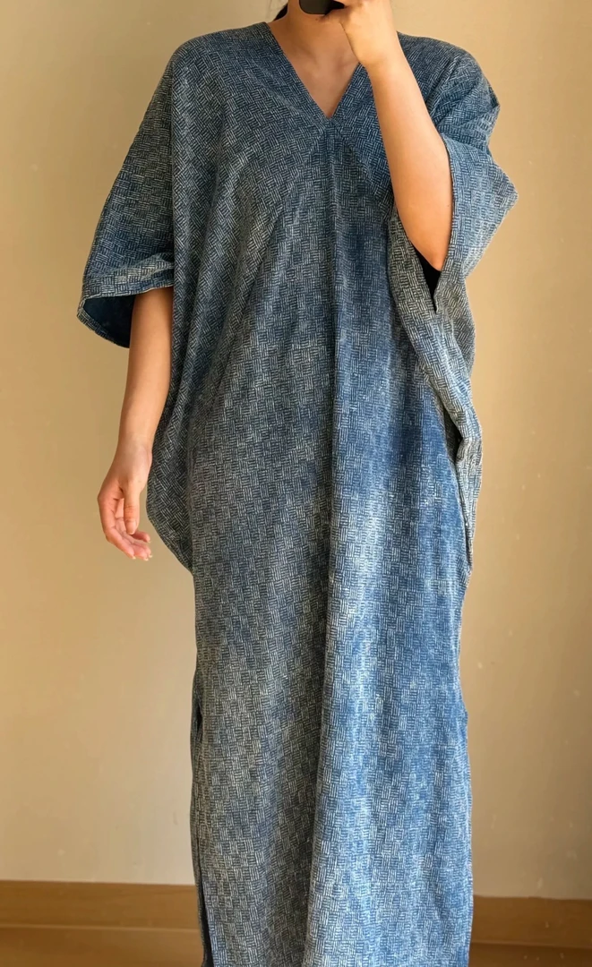 手工蓝染棉麻女神袍