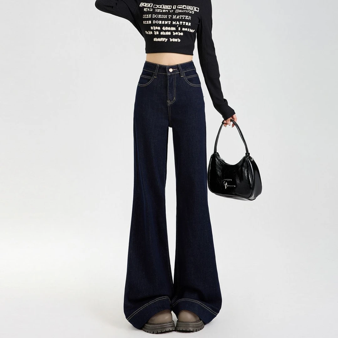 2025年新款防褪色丹宁蓝美式宽松阔腿牛仔裤女弹力慵懒休闲拖地裤