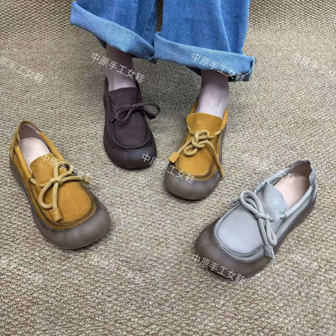 头层牛皮复古系带女鞋2025秋季新款圆头软底软皮中年妈妈森系单鞋