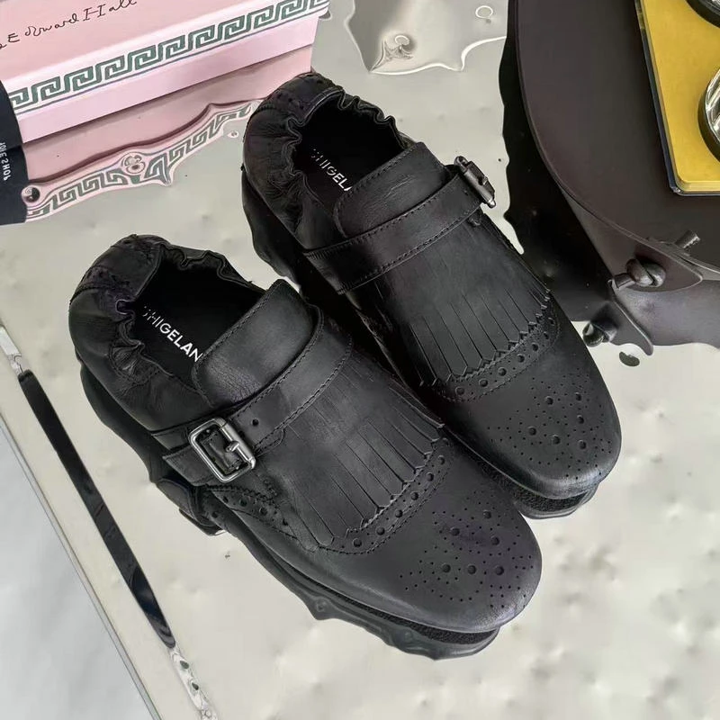 诗歌兰女鞋2025早秋新款真皮浅口皮鞋复古英伦风布洛克单鞋5528-9