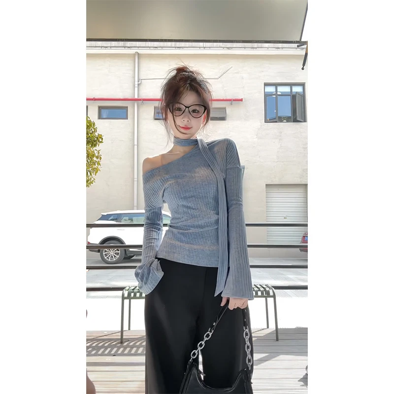 MARIE.COCO法式ootd穿搭斜肩挂脖飘带针织上衣阔腿裤早秋两件套