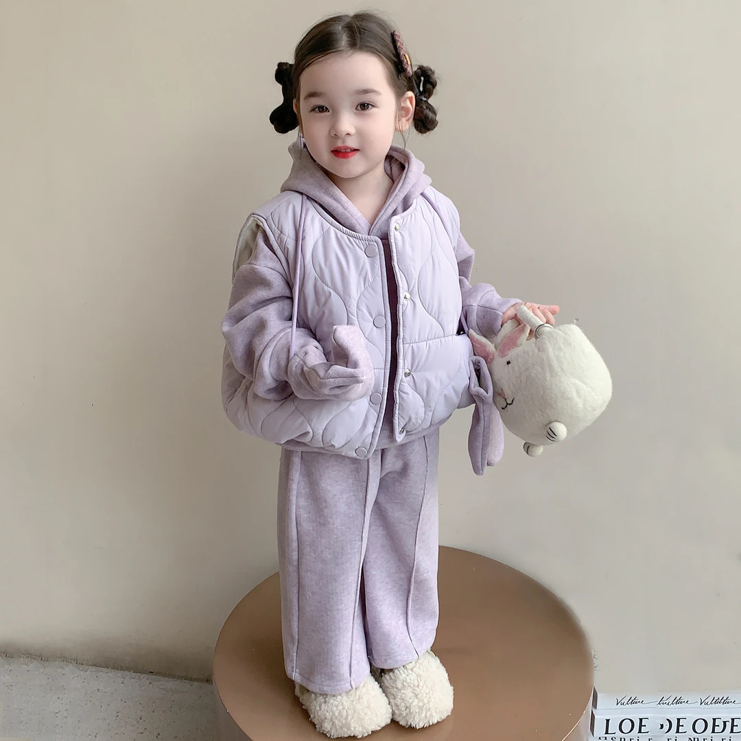 韩版女童加厚套装2025新款儿童冬装女宝宝洋气马甲卫衣加绒三件套