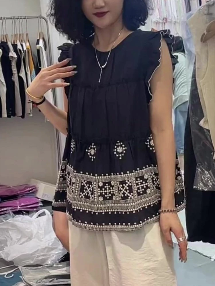 复古风洋气时髦百搭藏蓝色印花小飞袖上衣夏季设计感休闲显瘦背心
