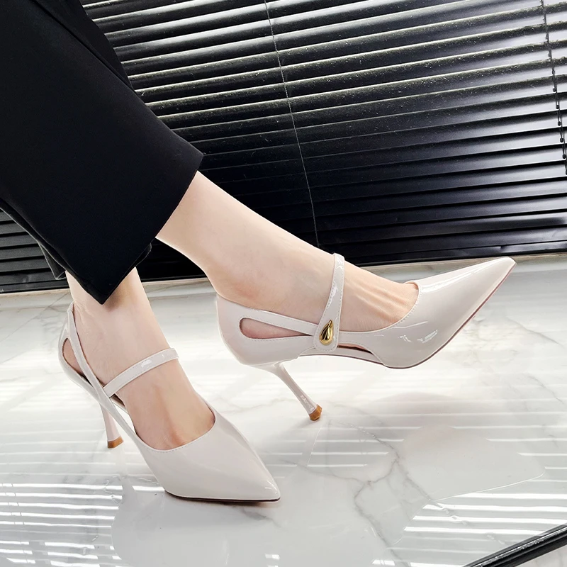 【清货】羊皮高跟鞋黑色时尚百搭细跟尖头气质一字带镂空凉鞋