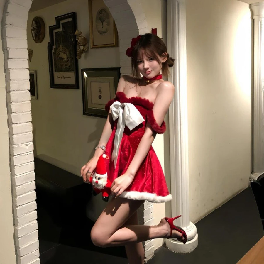 【圣诞节】红色闪闪大蝴蝶结抹胸蓬蓬公主裙气质性感演出服