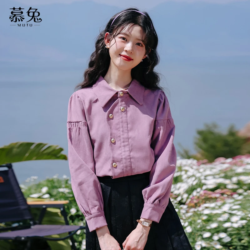 慕兔法式复古紫色长袖衬衫女秋2025新款别致设计感小众不规则上衣