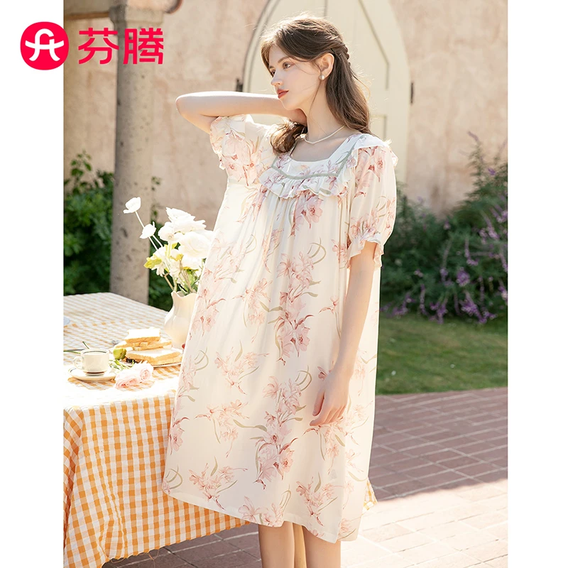 芬腾【纯棉方领】睡裙夏季短袖宫廷连衣裙透气碎花睡裙外穿夏天睡衣