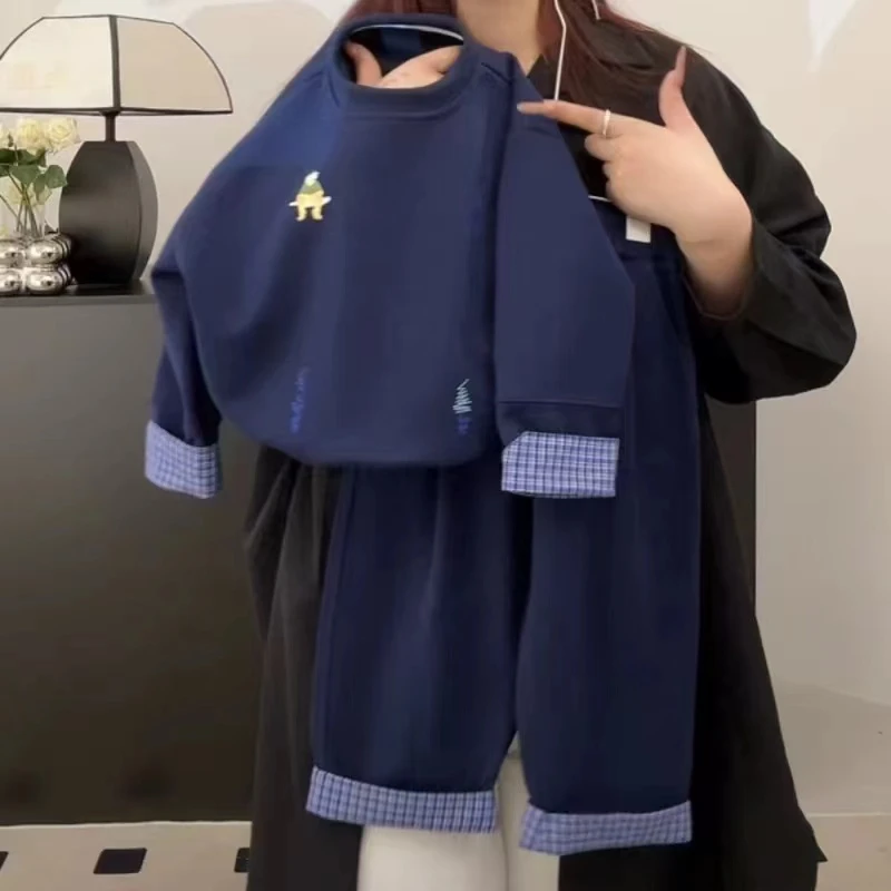 儿童春季新款休闲时尚套装男女童春秋拼接格子卫衣圆领时尚运动装