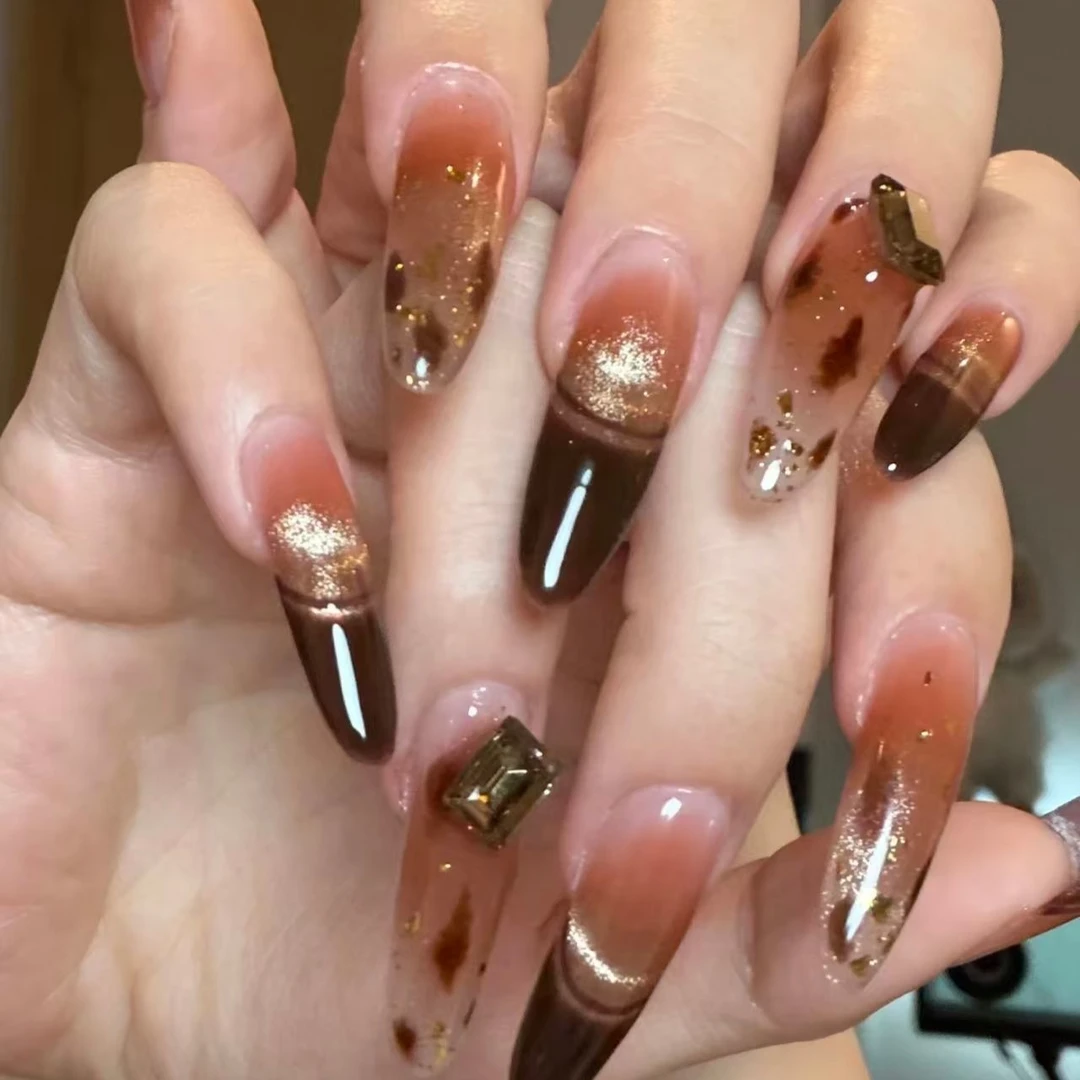 穿戴豹纹琥珀纯手工显白渐变气质拉德秋冬美甲法式辣妹猫眼可拆卸